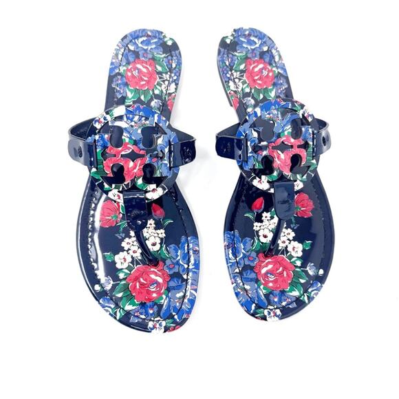 Tory Burch Miller Navy Floral Patent Leather Sandals Size 8 – Tea Rose Print - Picture 3 of 10